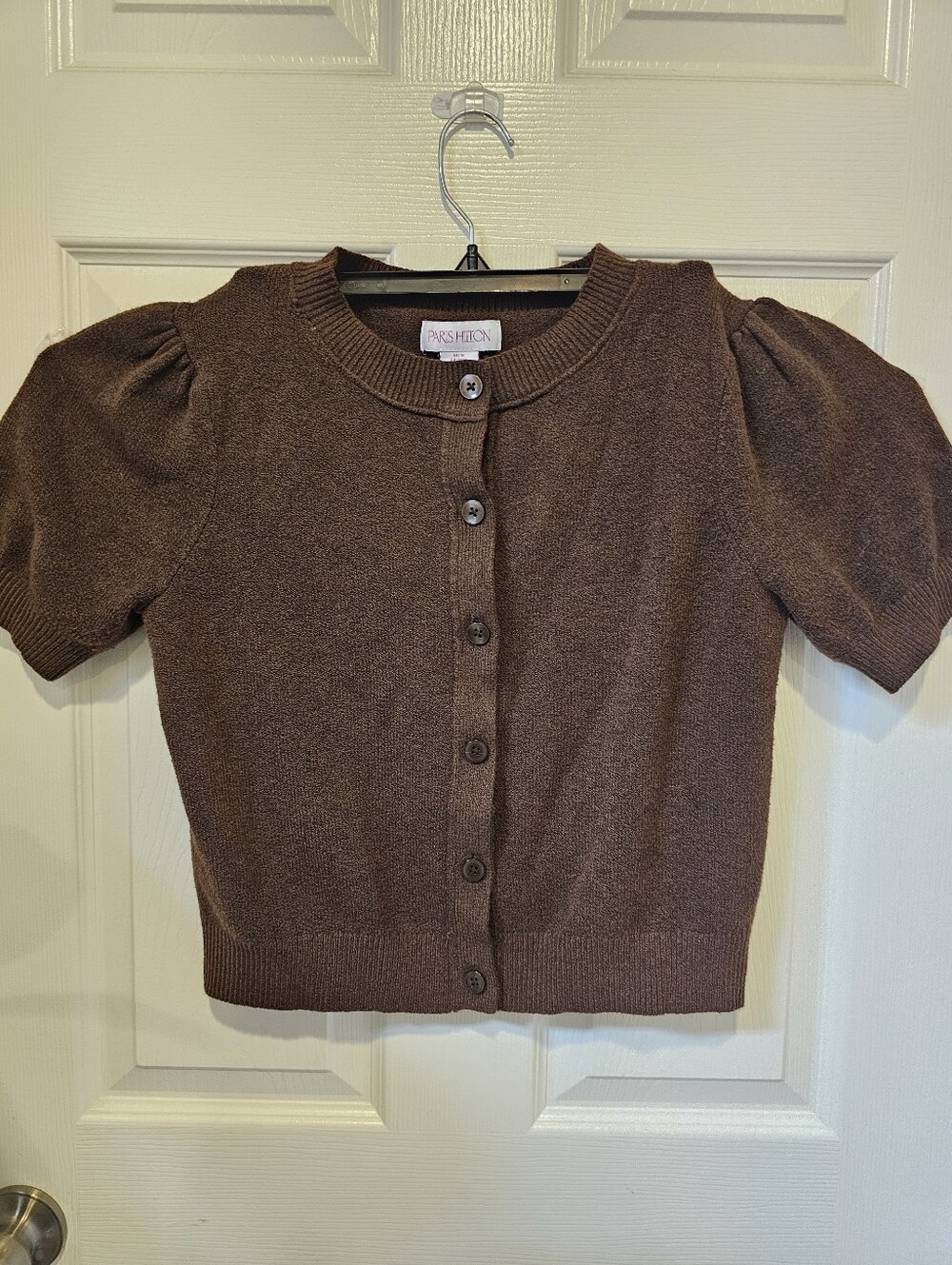 Paris Hilton brown short-sleeve cardigan prominent puff sleeves Size Med CLEAN